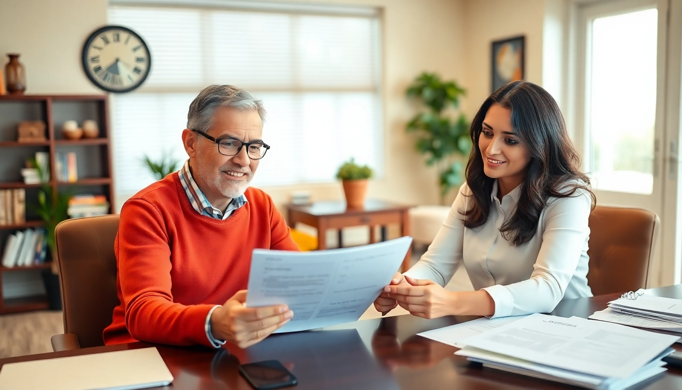 Visualize the mortgage process for brokers by depicting a broker assisting a client with essential paperwork.