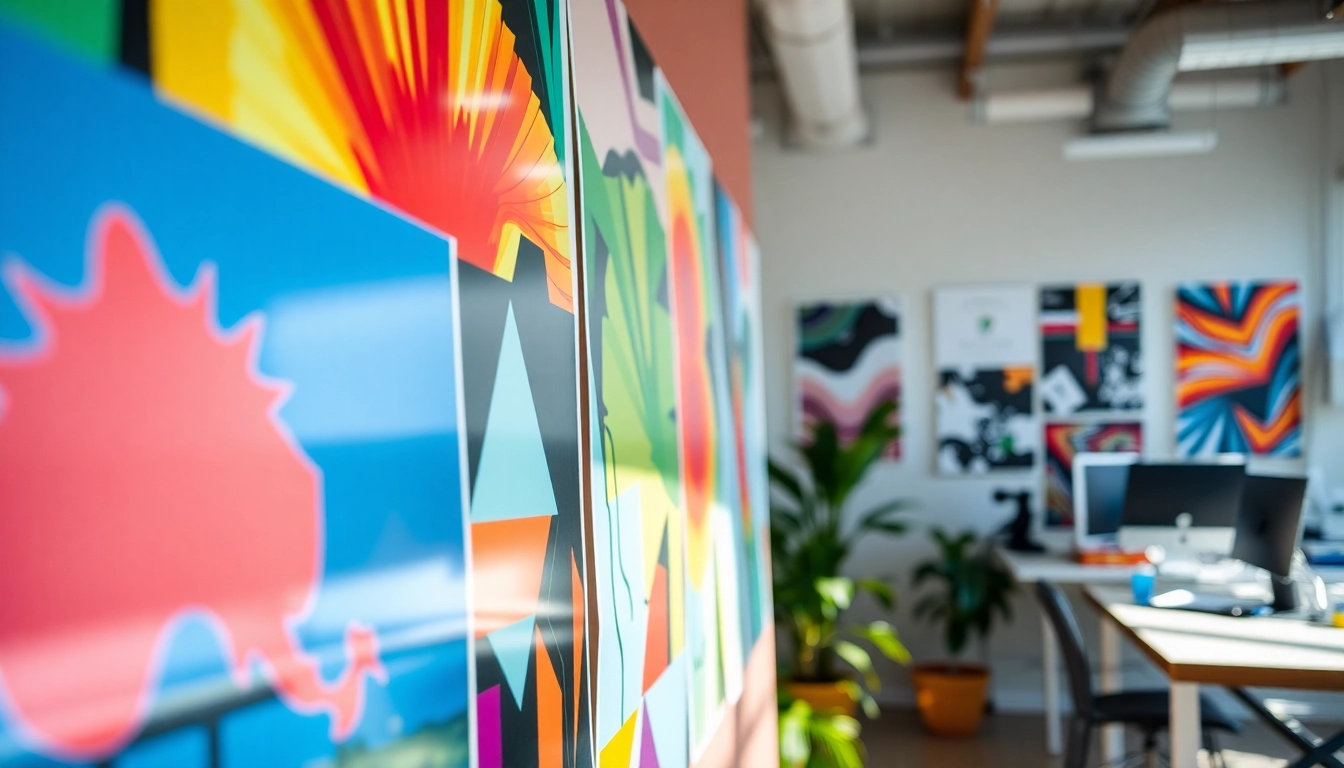 Showcasing high-quality poster printing Dublin with vibrant designs on display in a stylish office.