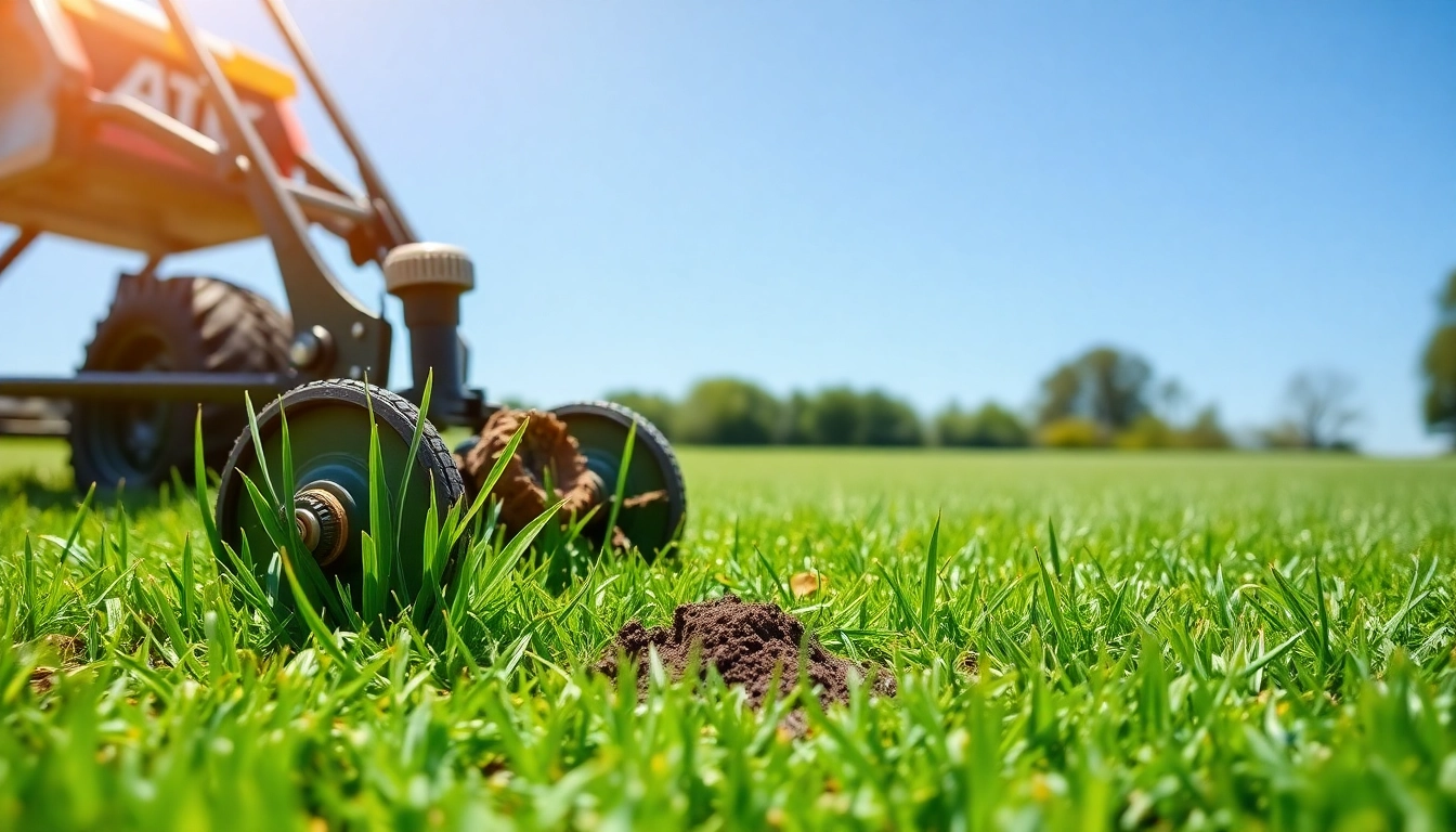 Core aeration in progress with a machine removing soil plugs from a lush green lawn.