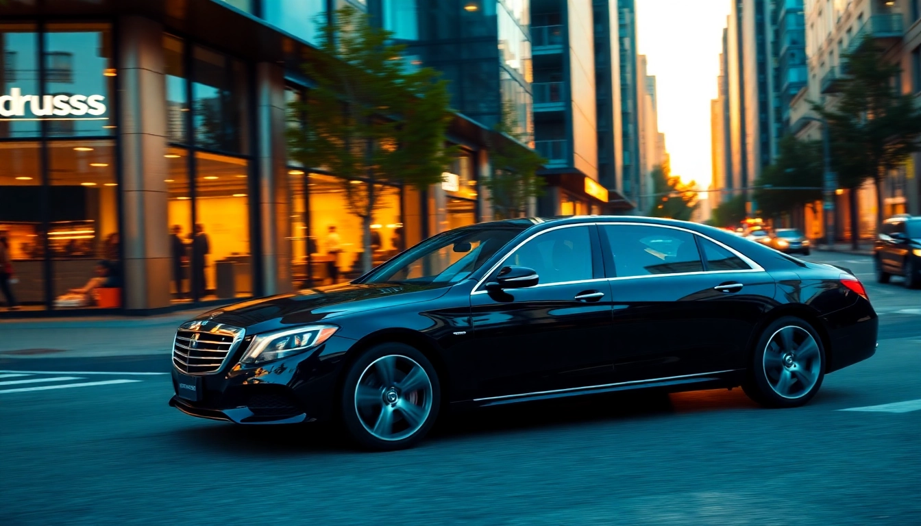 Luxury driver hire Vancouver featuring a professional chauffeur in a sleek black car on vibrant city streets.