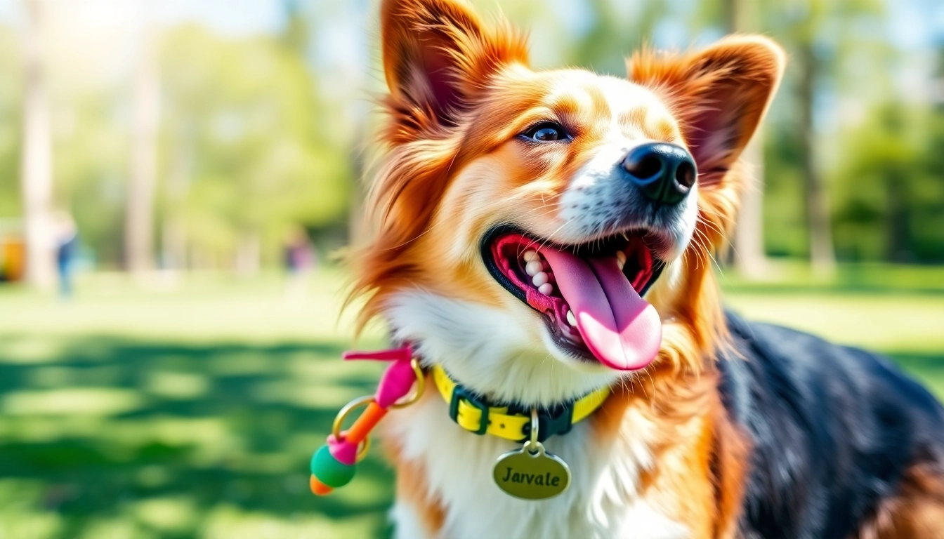 Showcasing stylish pet accessories, a happy dog wears a trendy collar and plays with a toy in a bright park.