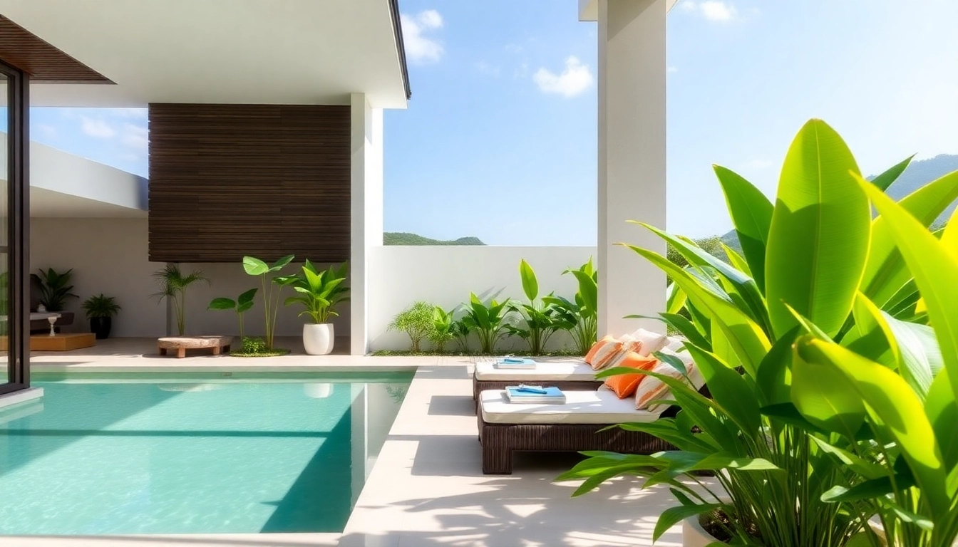 Showcasing property management Phuket services with a stunning villa featuring lush landscaping and serene pool.