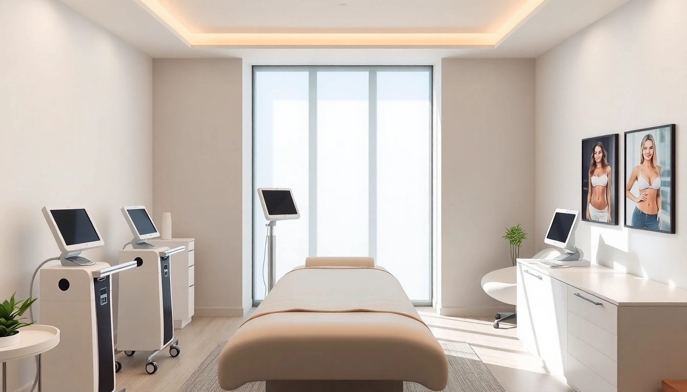 Showcasing a body sculpting treatment room with modern equipment and soothing decor for client comfort.