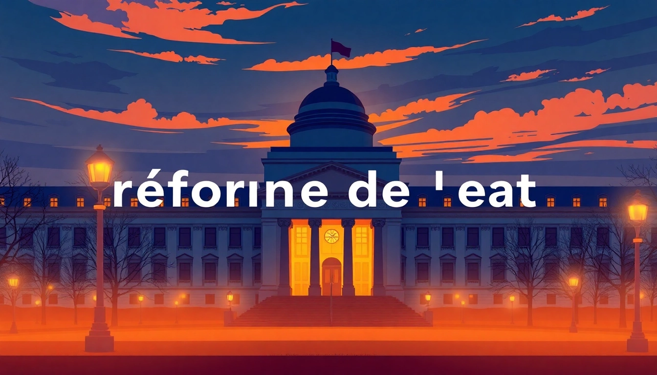 Illustrate the réforme de l'état with a government building under warm sunset lighting, emphasizing transformation.