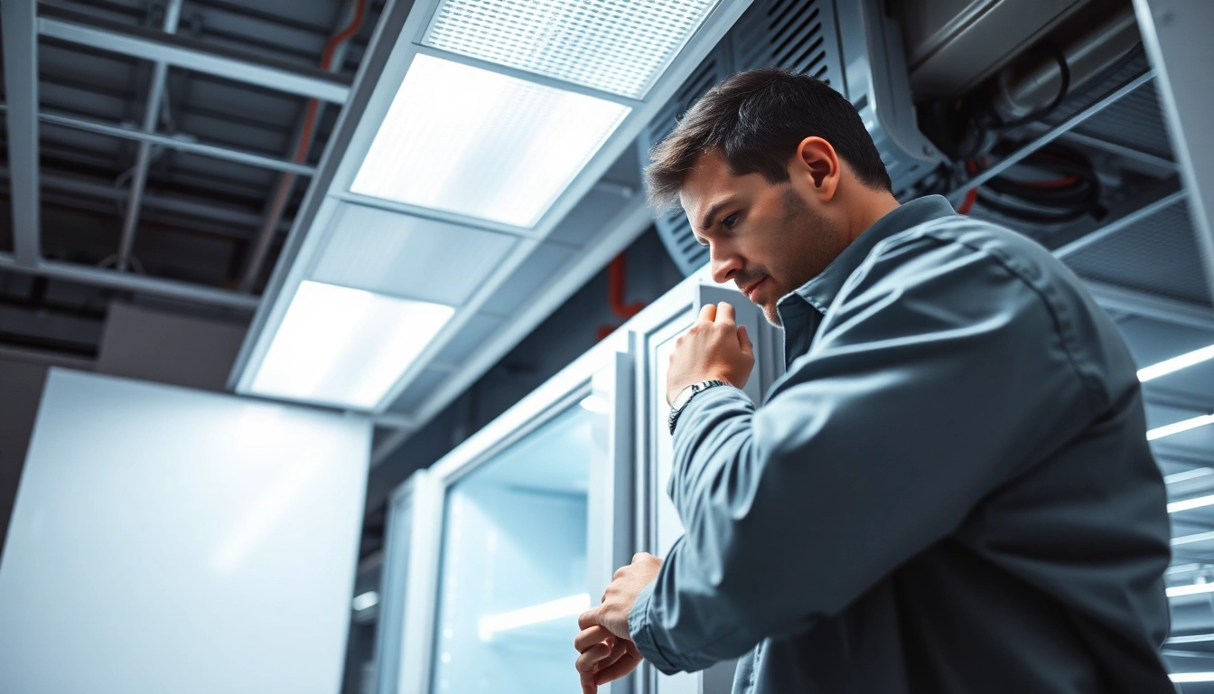 Technician performing walk in freezer repair in a commercial kitchen environment.