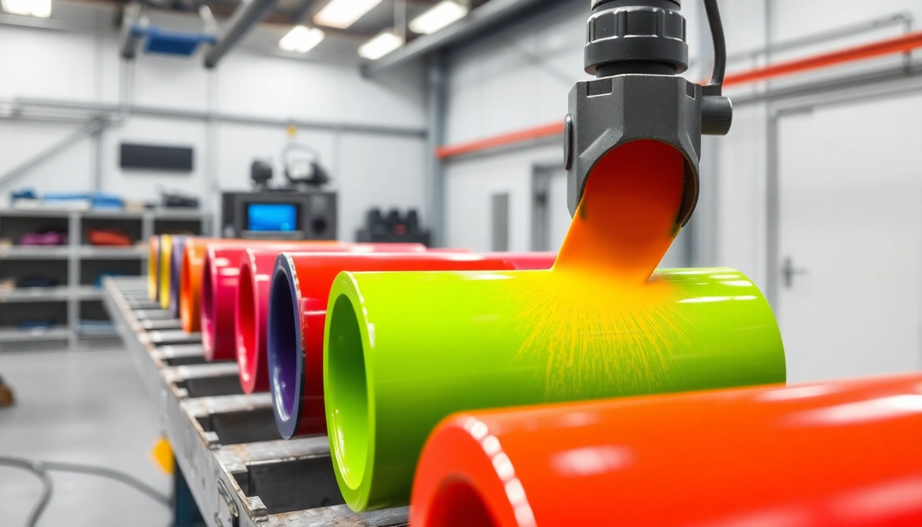 Powder coating process displaying colorful powders being applied to metal surfaces with precision.