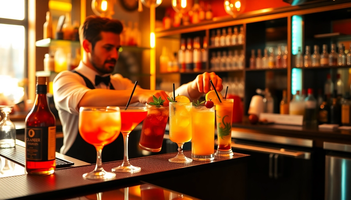 Cocktail kurs berlin featuring a bartender mixing colorful cocktails at a vibrant bar.