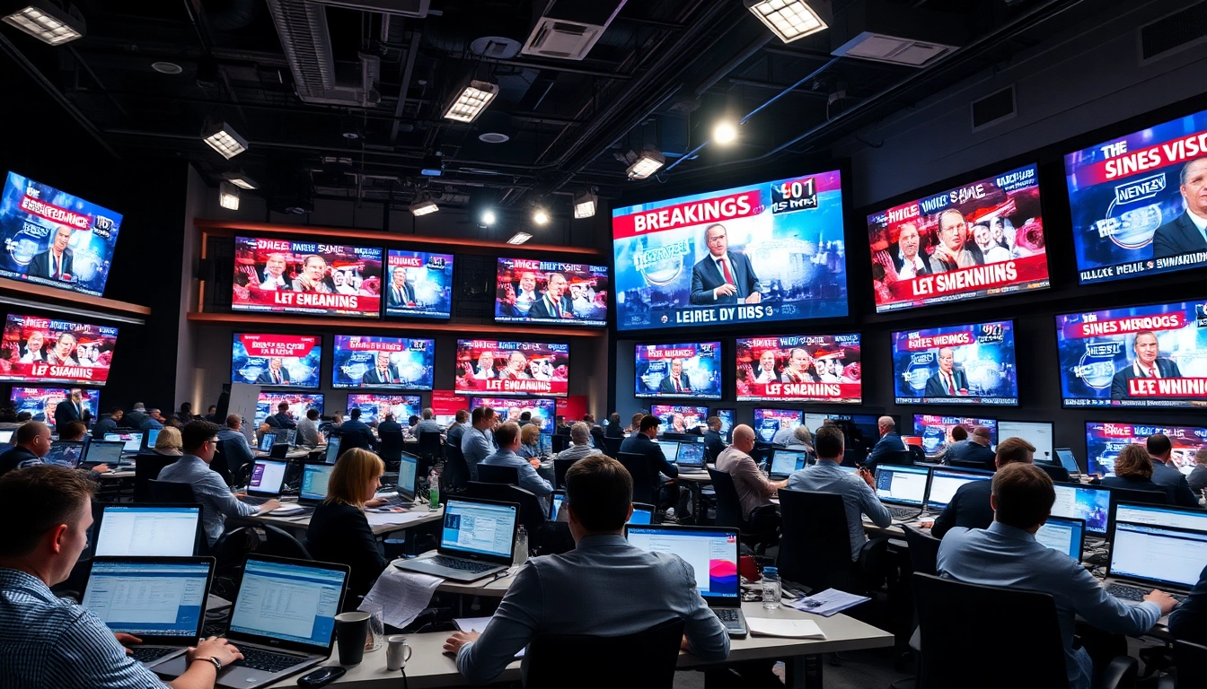 Reporters sharing breaking news updates at a lively newsroom.