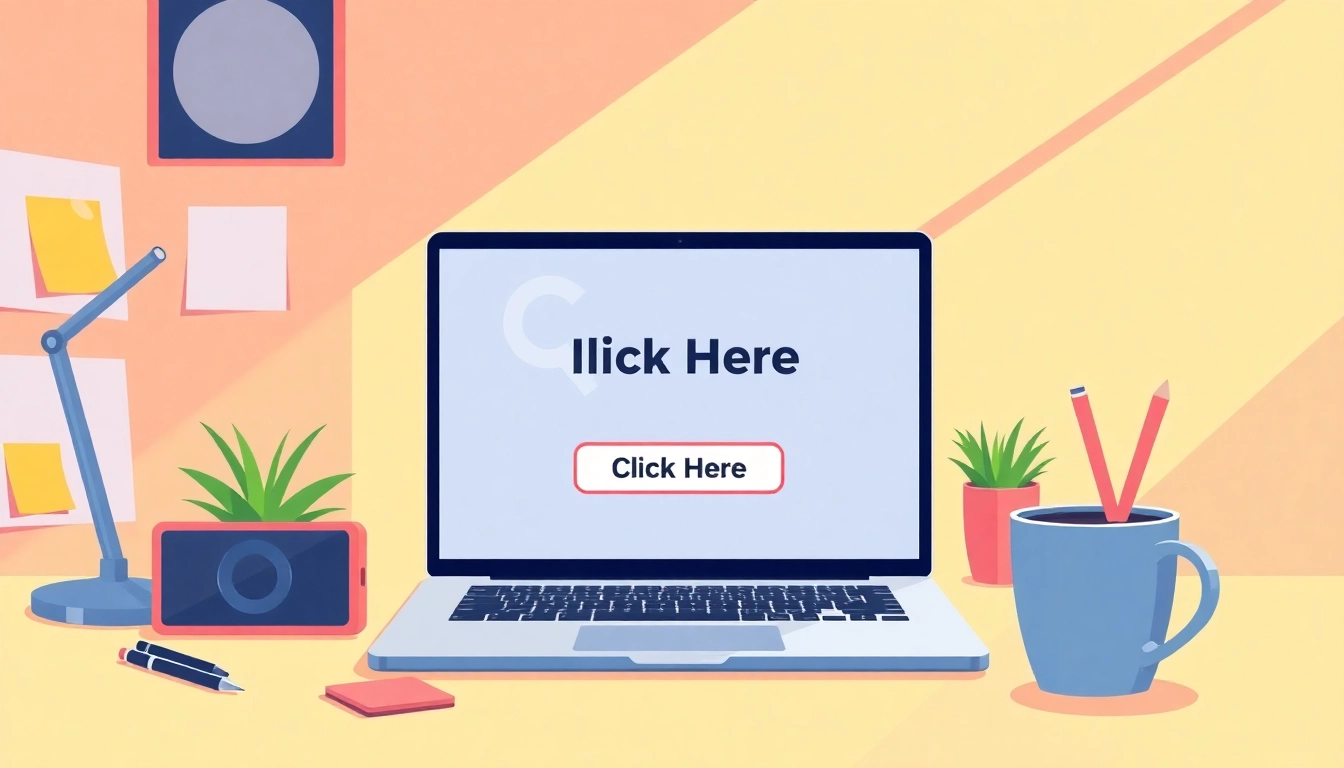 Enhance your marketing strategy with a 'Click Here' button on a stylish laptop in a bright workspace.