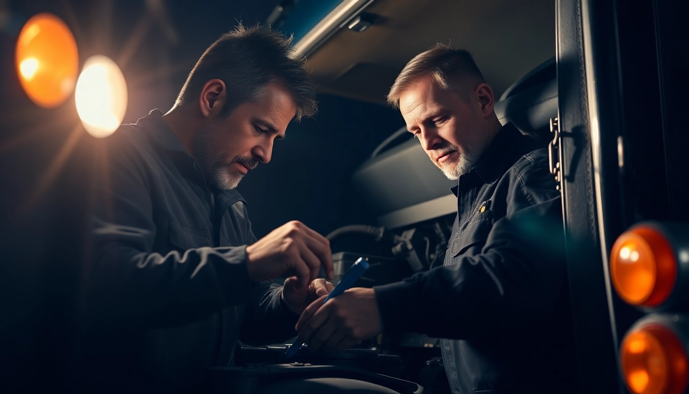 Provide 24/7 emergency truck repair service with expert mechanics working on trucks at night.