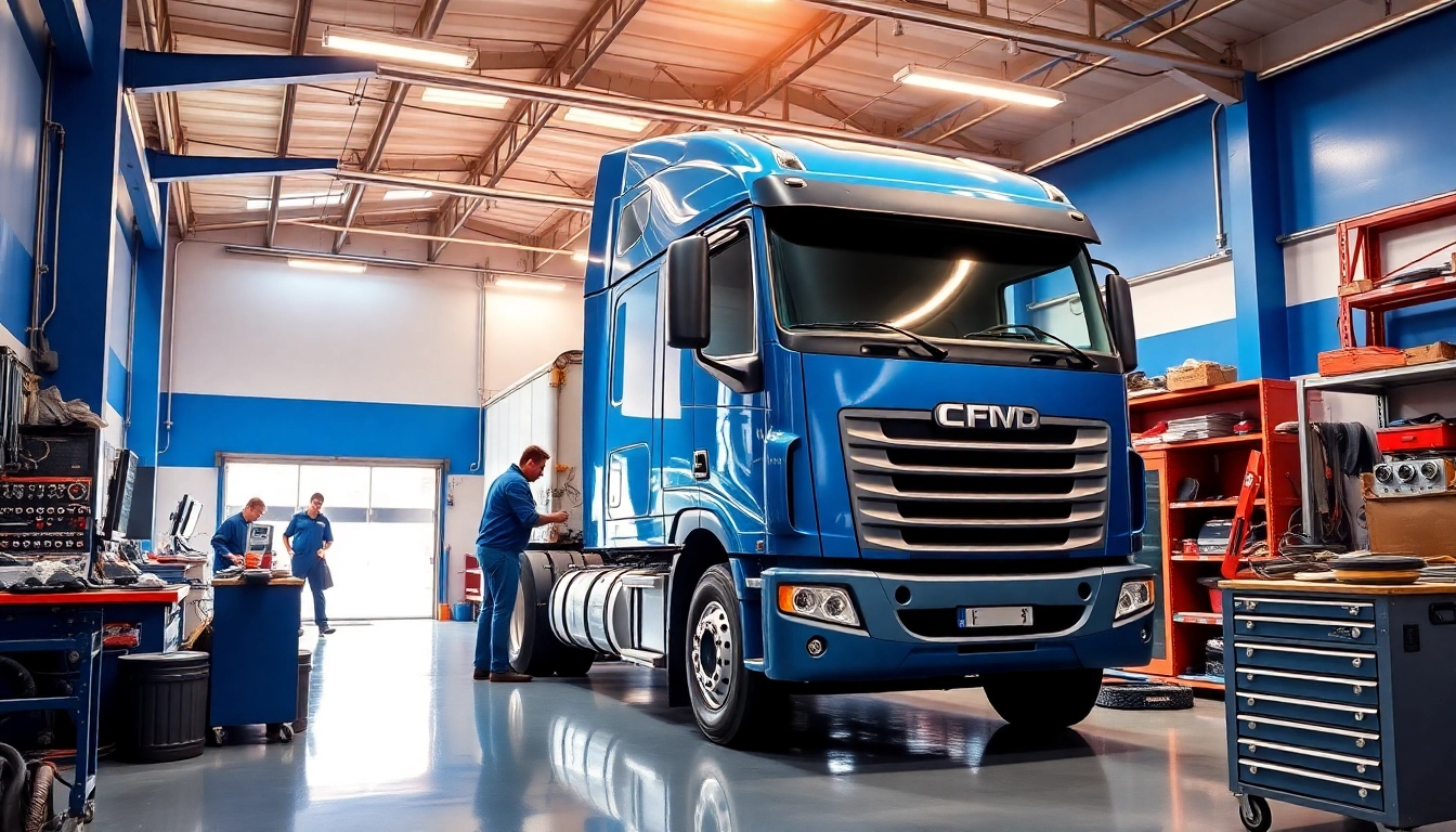 Mechanics performing affordable truck repair services in a well-lit workshop.