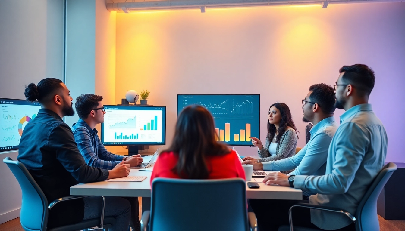 Team conducting a competitor analysis with data visuals on display in a modern office.