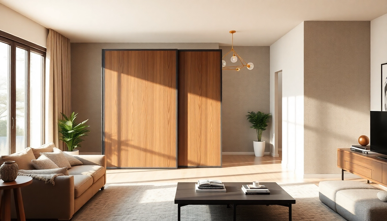 Sliding partition wall elegantly divides a spacious living area, enhancing functionality and aesthetics.