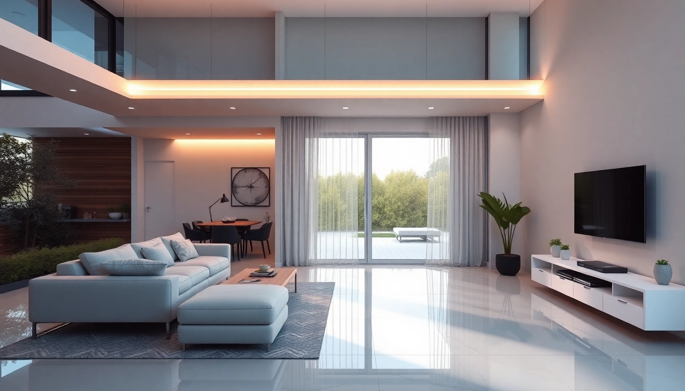 Showcasing best smart home gadgets in an elegant living space with modern lighting and sleek design elements.