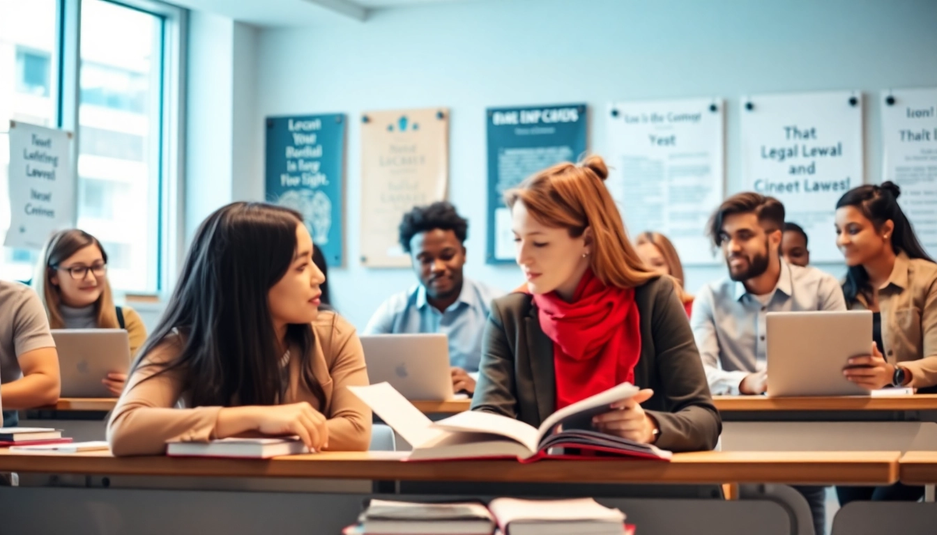 Engaged students in legal education discuss key concepts in a bright classroom.