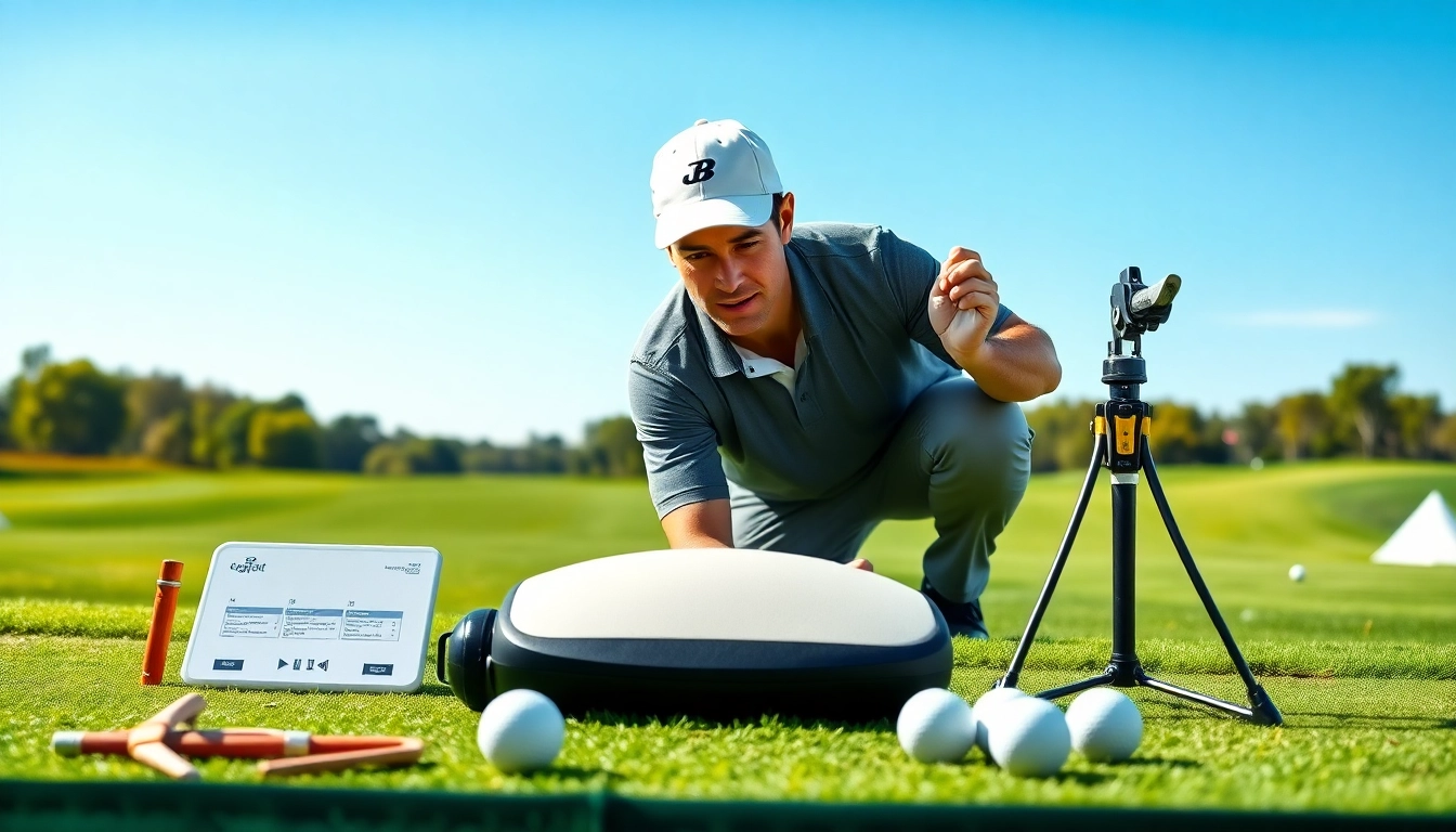 Enhancing skills with golf training aids on a driving range for improved performance.