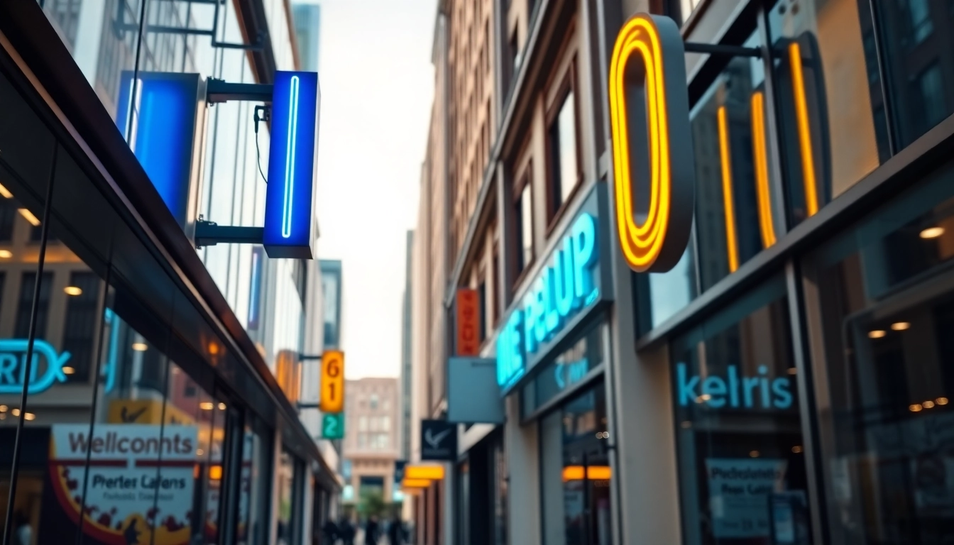 Brightly lit electrical signs in a bustling urban setting showcase modern designs.