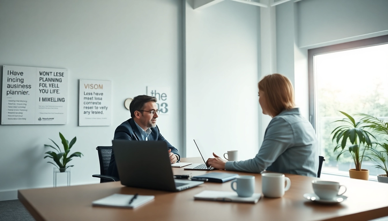 Empowering business coaching service session in a bright, modern office with a professional coach.