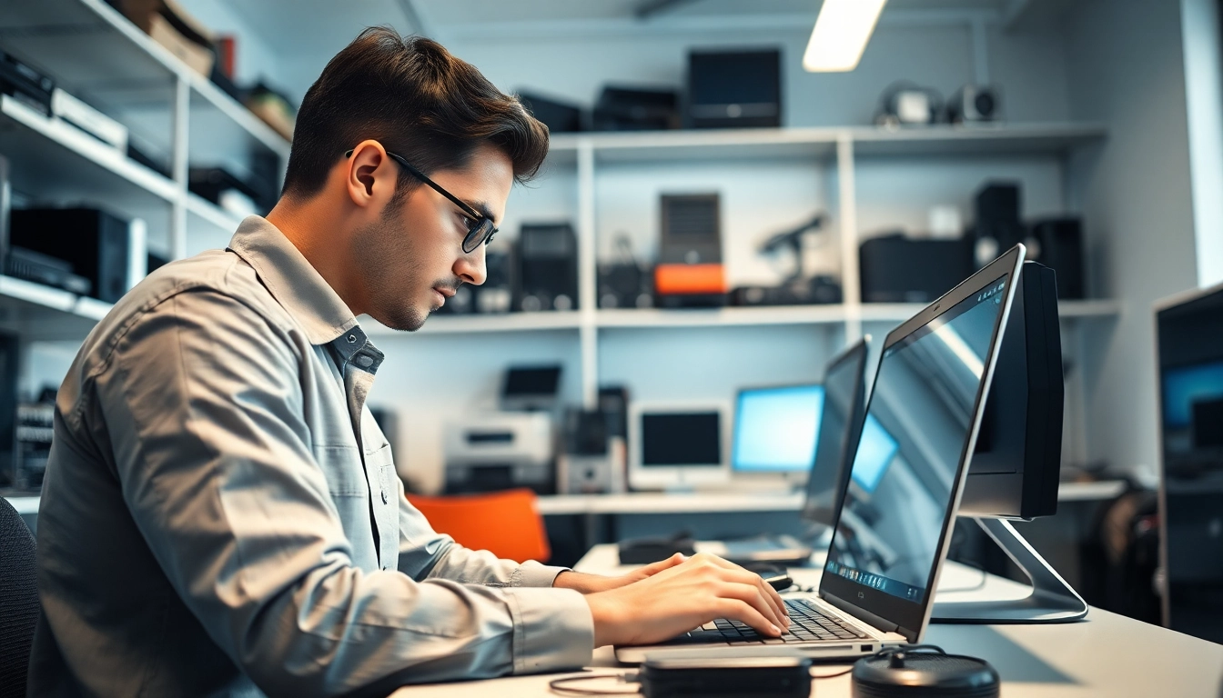 Riparazione computer torino: Tecnico specializzato al lavoro su un laptop in un centro assistenza.