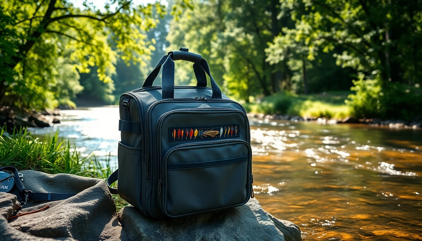 Showcasing a versatile fly fishing bag in a tranquil riverside setting with gear displayed.