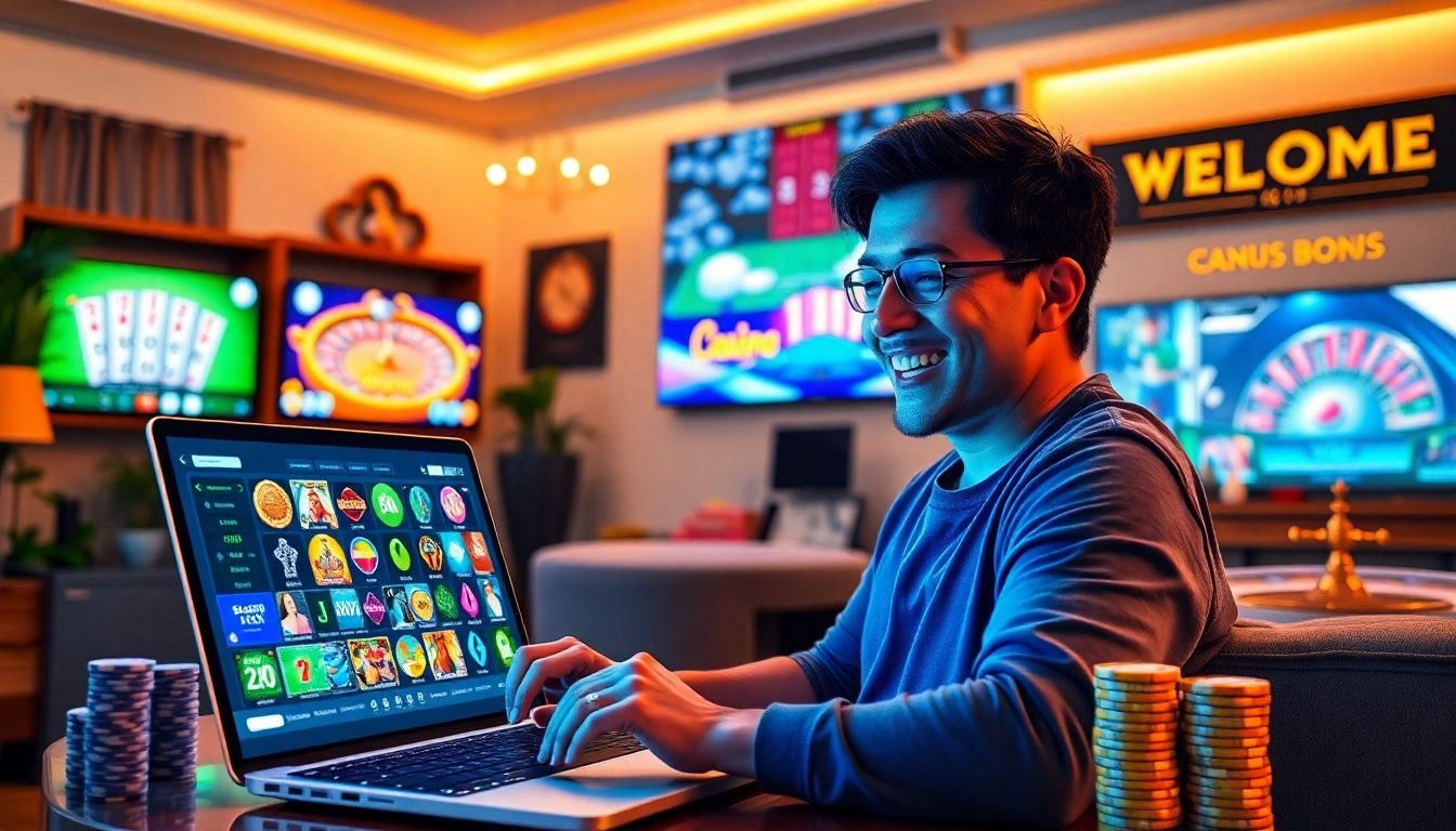 Engaging scene of internet casinos with a player enjoying online games on a laptop in a warm home setting.
