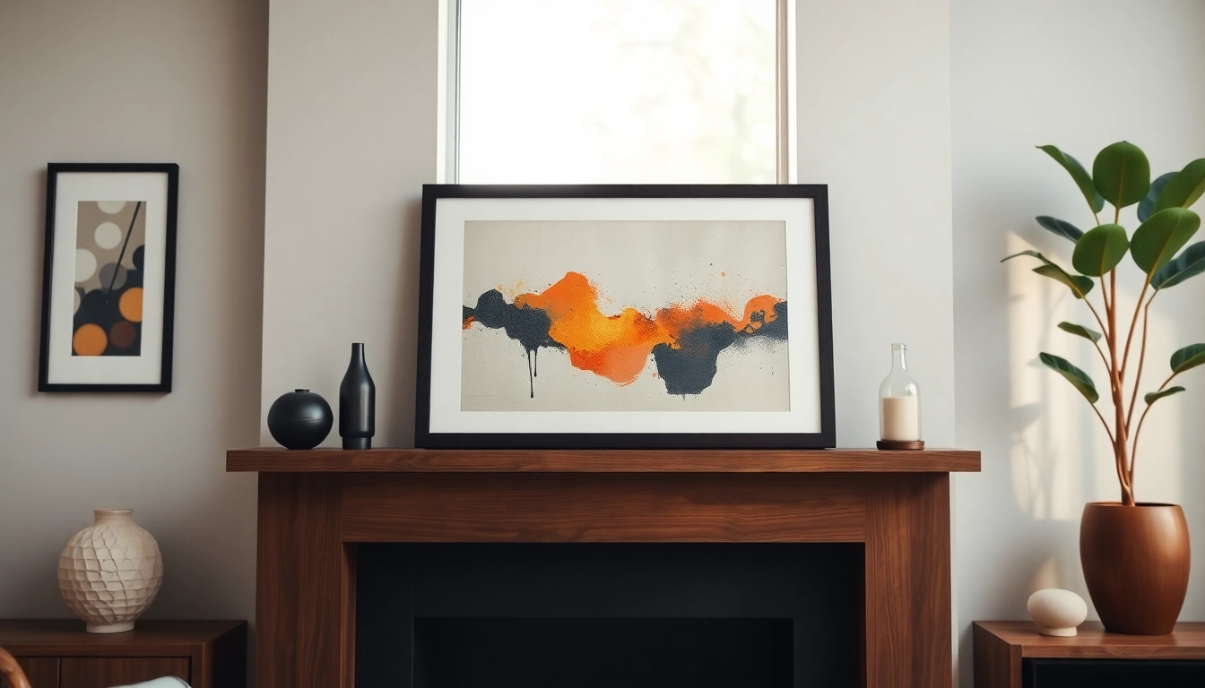 Display a stylish 20x30 frame with artwork on a mantelpiece, enhancing home decor.