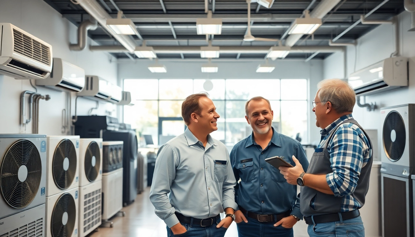 Engaged HVAC dealers assisting customers in a modern showroom displaying innovative HVAC systems.