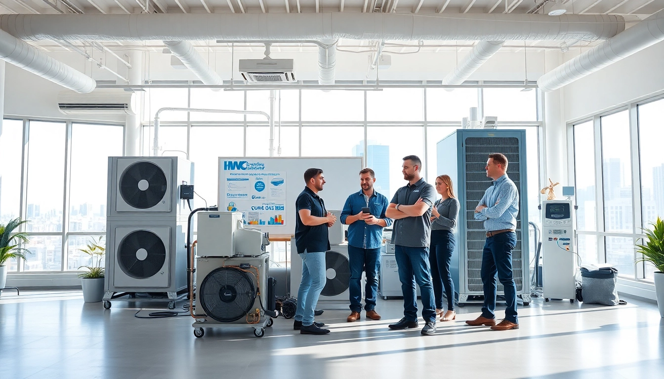HVAC dealers discussing solutions in a modern office, showcasing teamwork and professionalism.