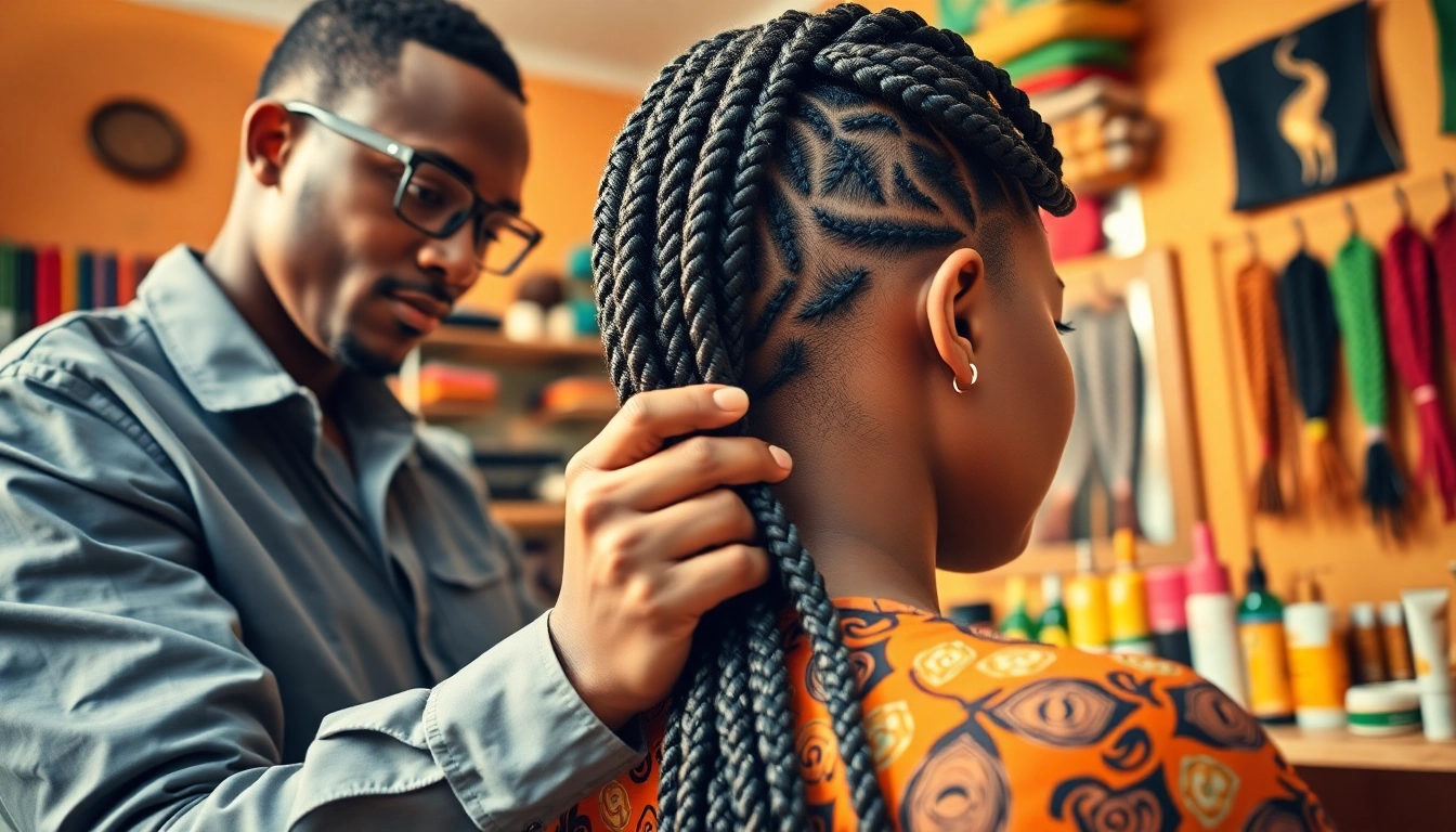 Creating beautiful braids at the Best african braiding salon in near me in a colorful and inviting salon.