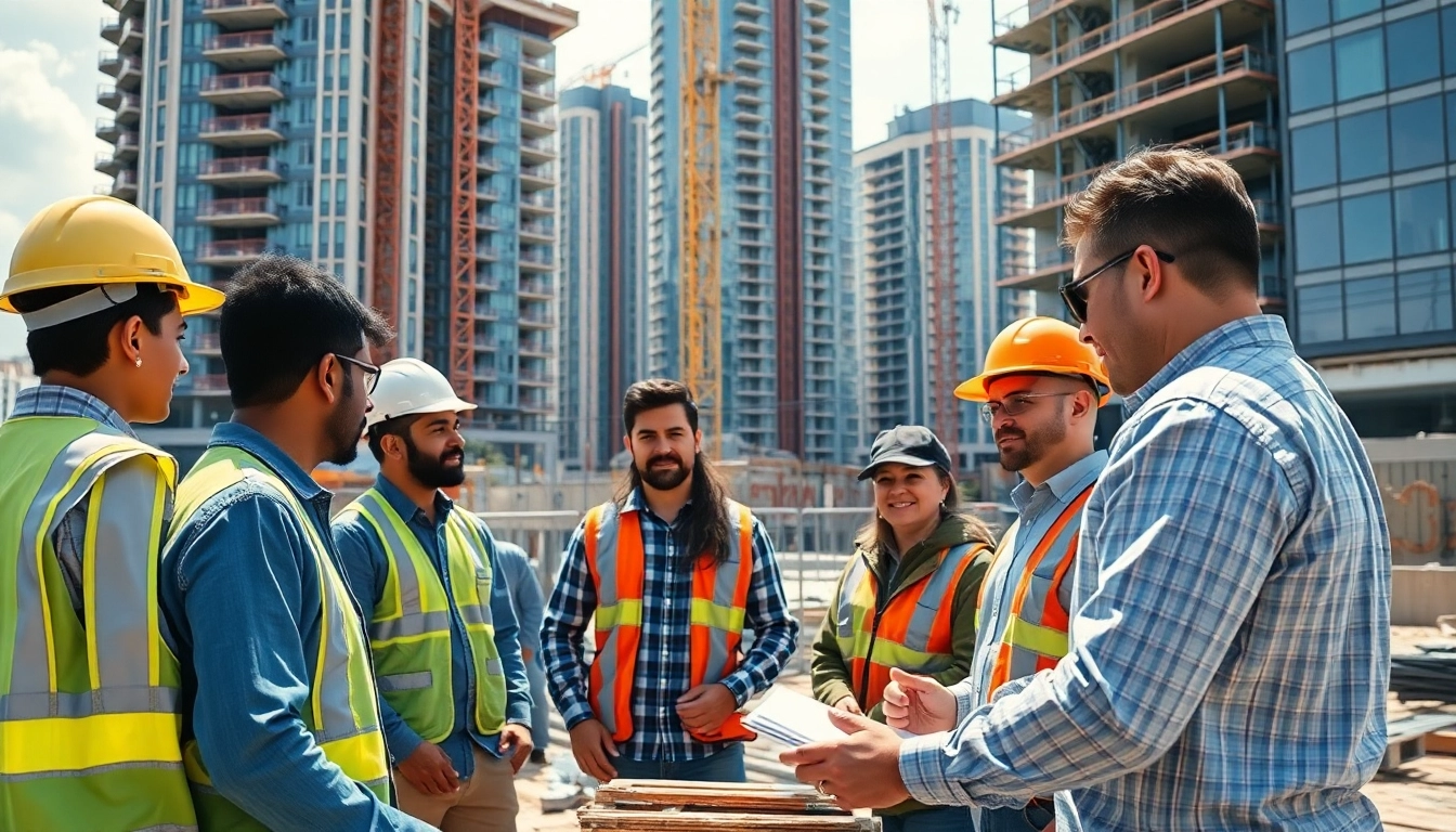 Workers collaborating in Austin construction setting, showcasing teamwork and innovation.