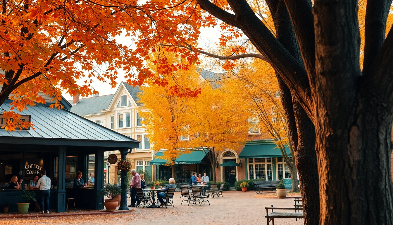 Experience Clarksburg's autumn charm with lively coffee shops and colorful leaves.