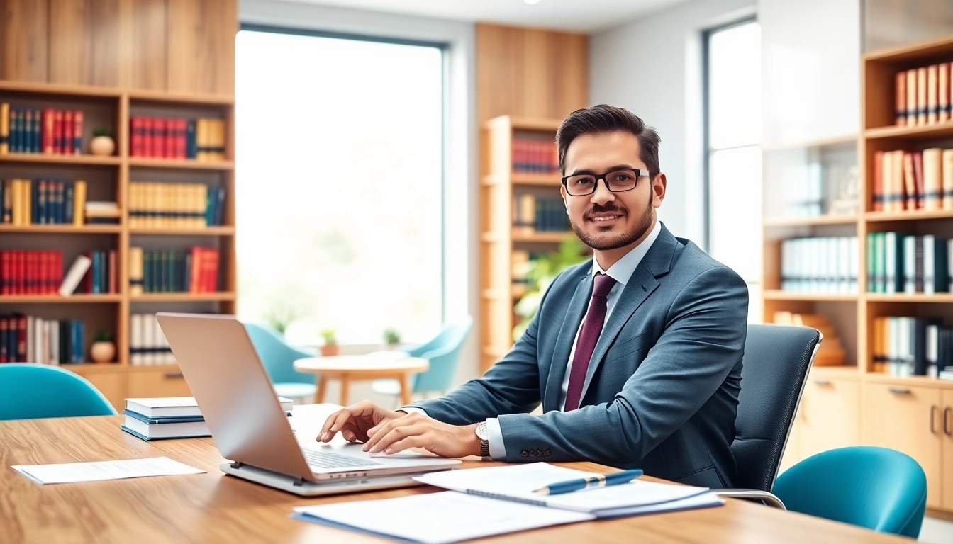 Abogada working diligently at a modern desk filled with legal documents.