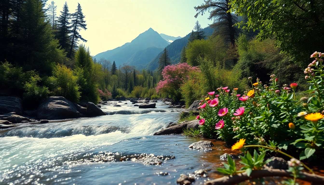 www.sudswild.com showcases a tranquil wilderness with vibrant flora by a flowing river.
