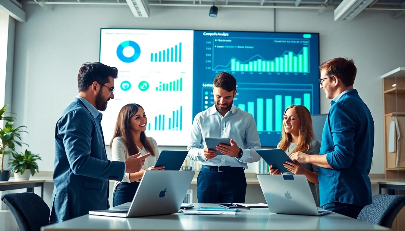 Conducting competitor analysis with a diverse team in a modern office setting.