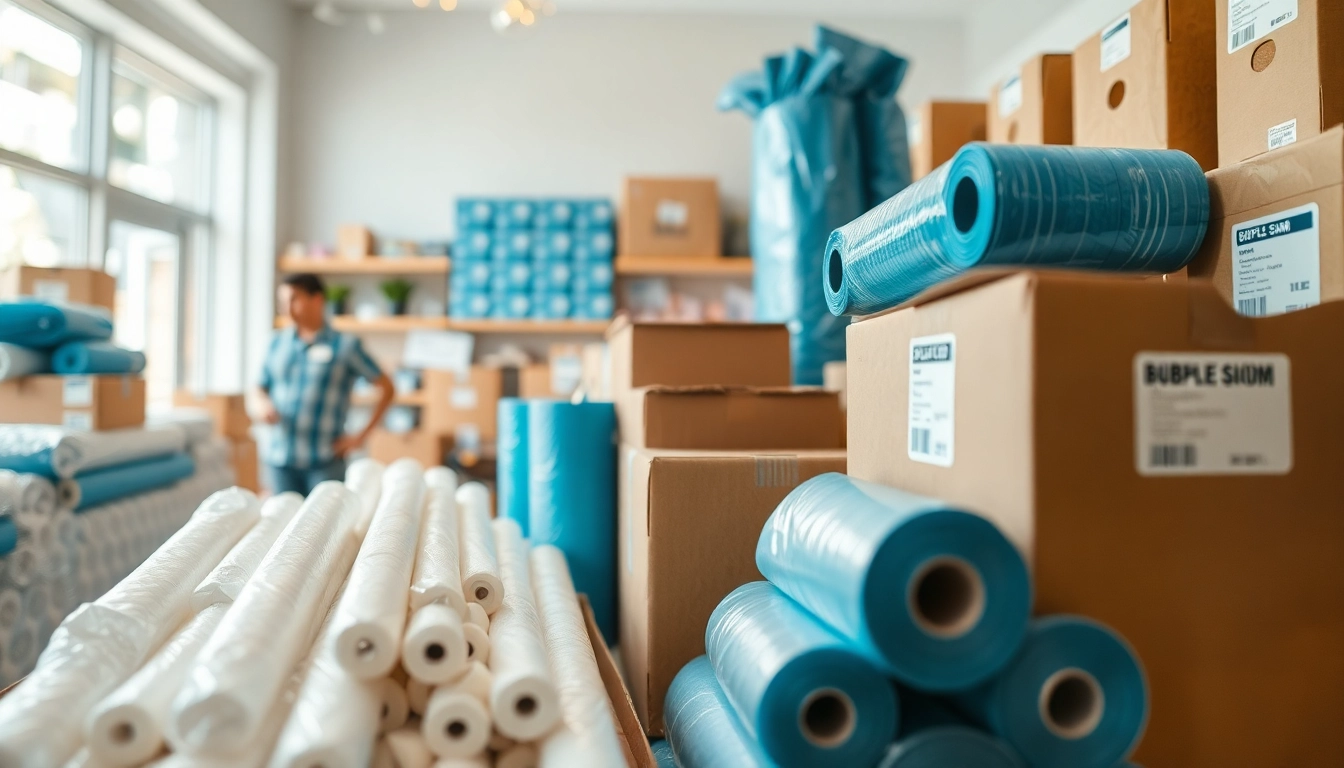 Packing materials organized in a retail space, showcasing quality options like boxes and bubble wrap.