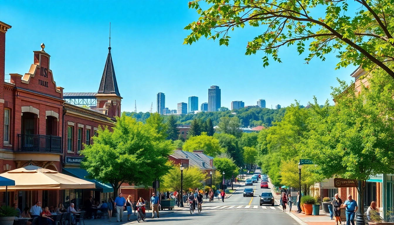Clarksburg downtown area showcasing vibrant community life and historical architecture.
