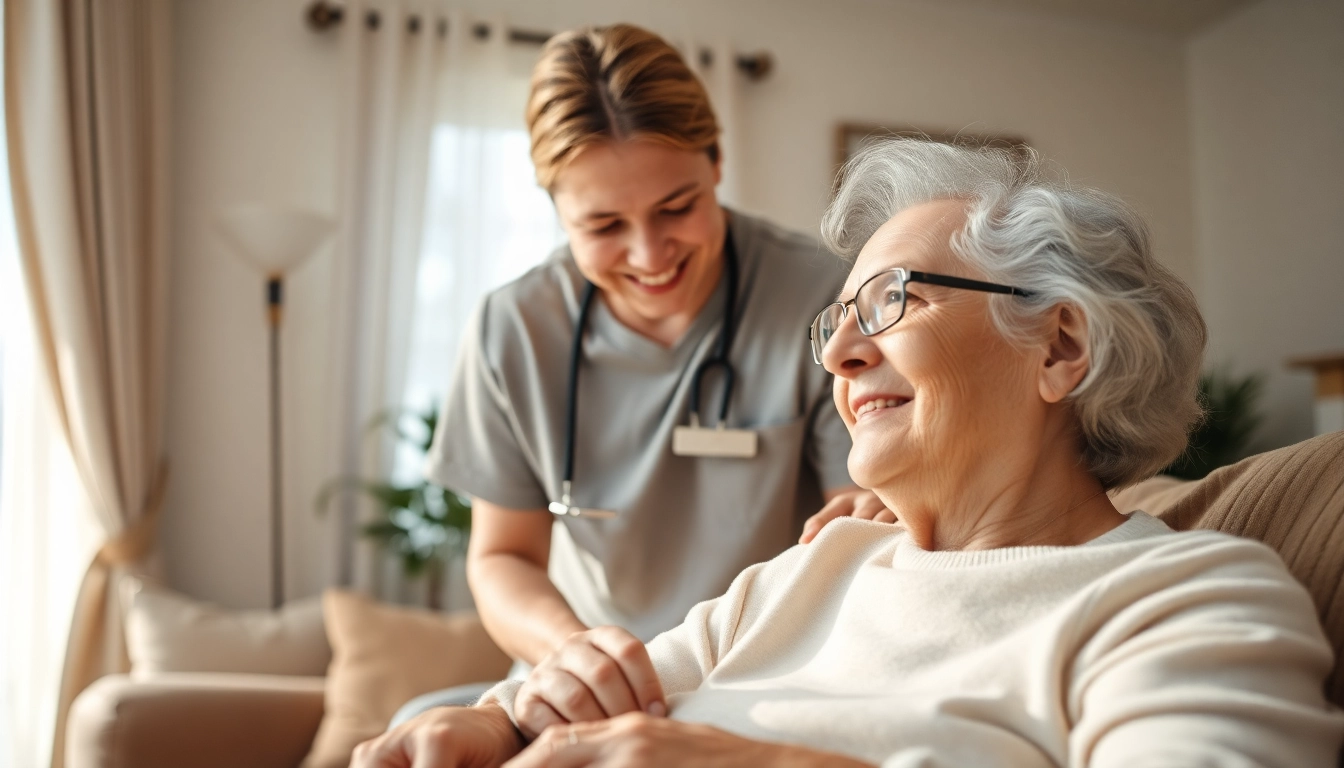 Caregiver providing warm support in austin senior home care setting with an elderly person.