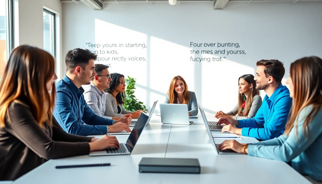 Startup recruitment agency team brainstorming in a bright office setting, showcasing collaboration.