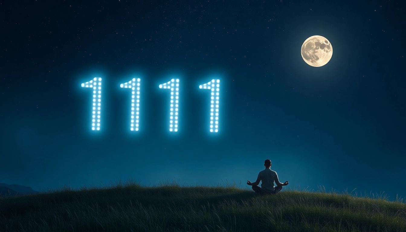 Meditating figure under a starry sky with the glowing 1111 angel number symbolizing cosmic guidance.