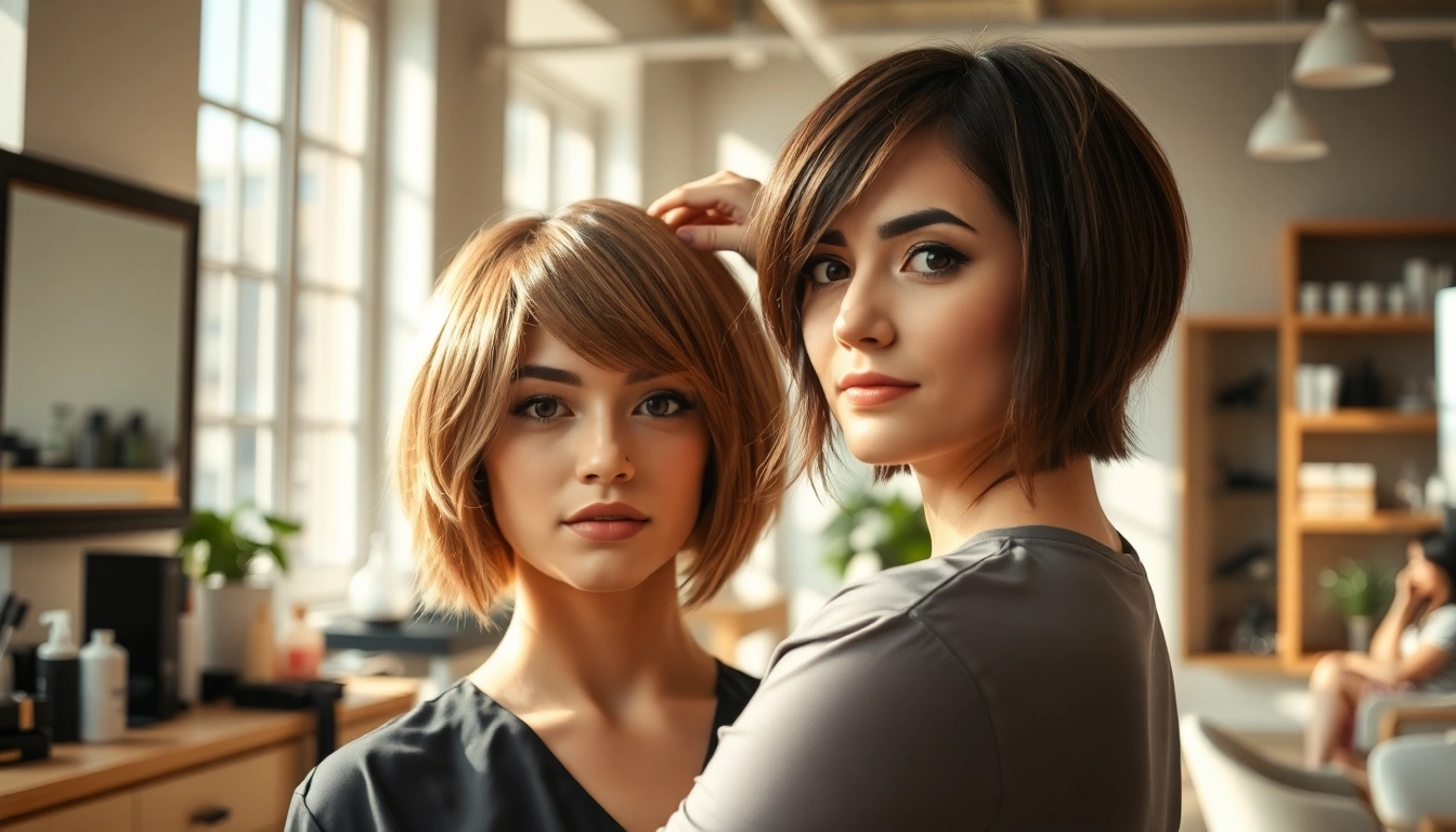 Stylist showcasing trendy hairstyles for thin hair on a confident model in a bright salon.