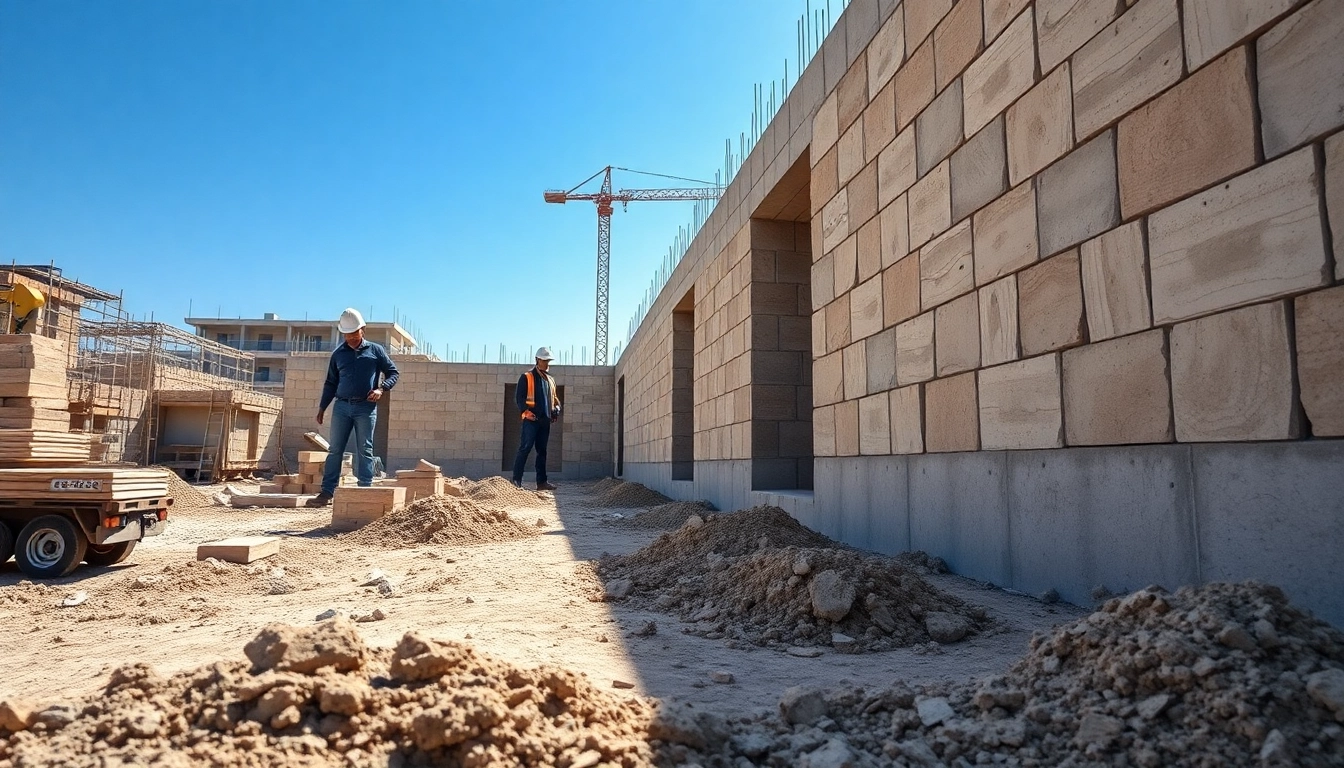 Constructing sturdy footing and block walls with skilled workers at a busy construction site.