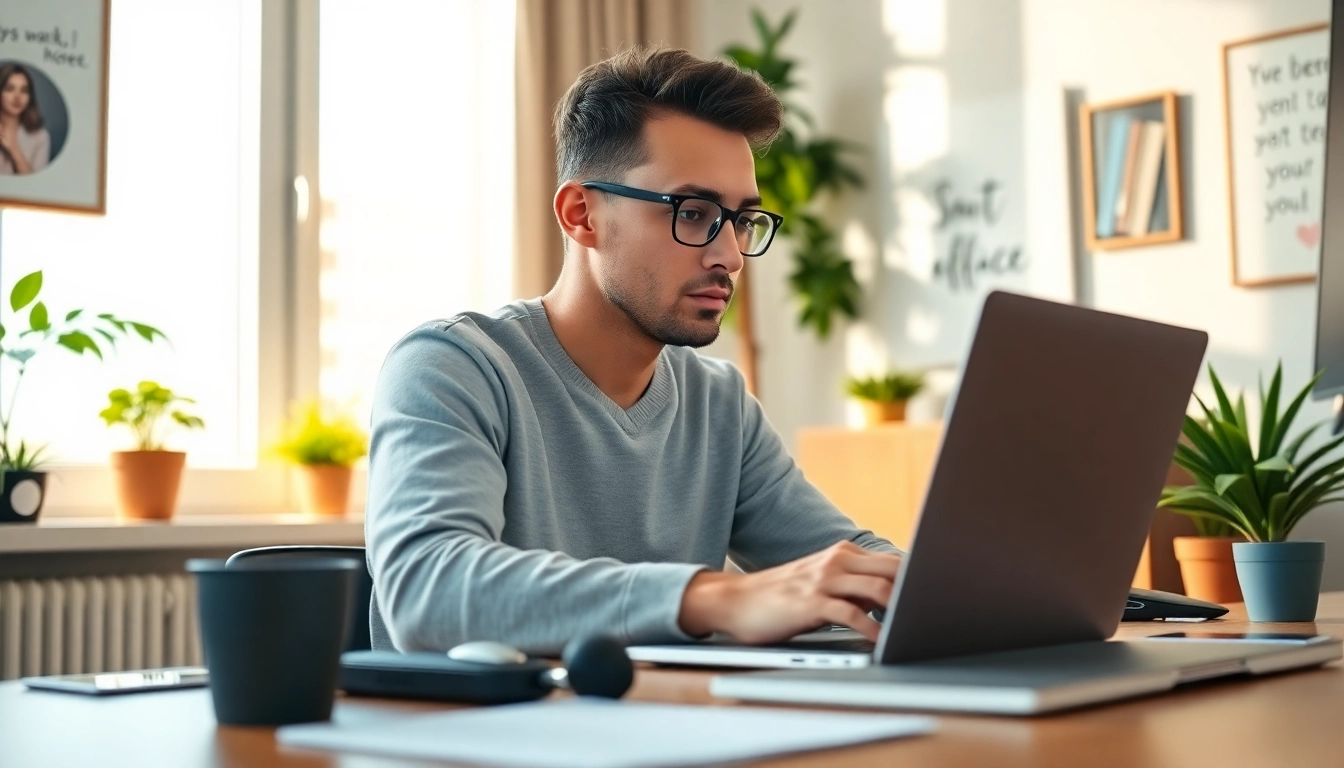 Engaged professional demonstrating Work From Home productivity in a modern home office.