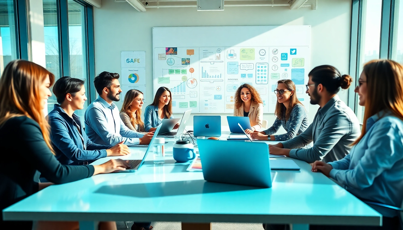 Social media agency team strategizing in a collaborative office setting with vibrant visuals.