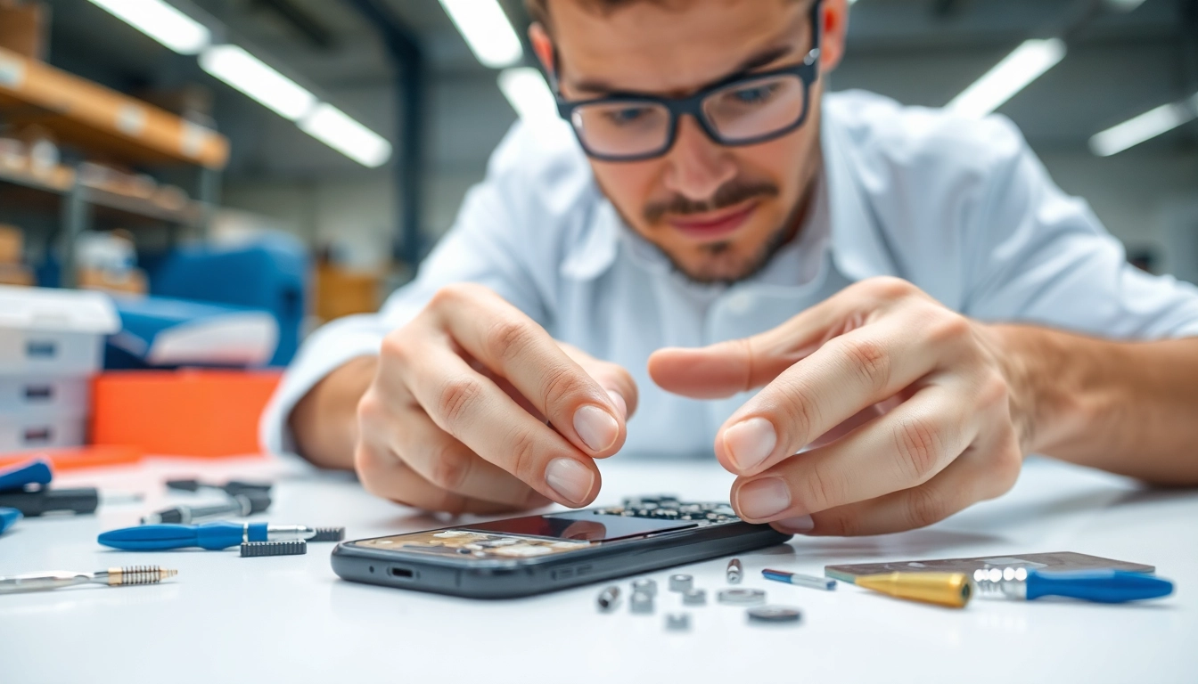 Riparazione iPhone torino: Tecnico che ripara un iPhone con strumenti moderni in un laboratorio professionale.