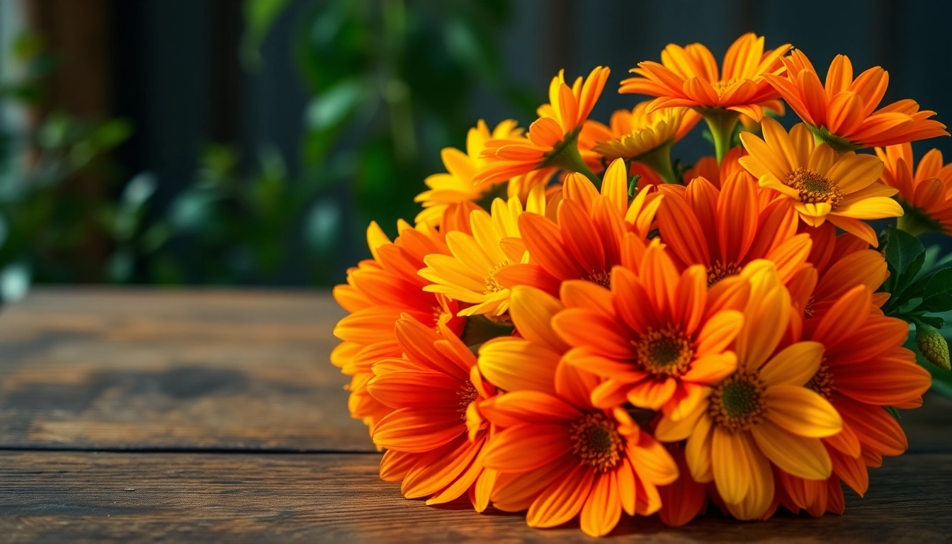Brightly arranged Orange County flowers vivid against a rustic background conveying fresh floral beauty.