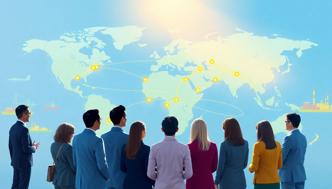Illustration of trade agreements featuring a world map and business professionals collaborating.