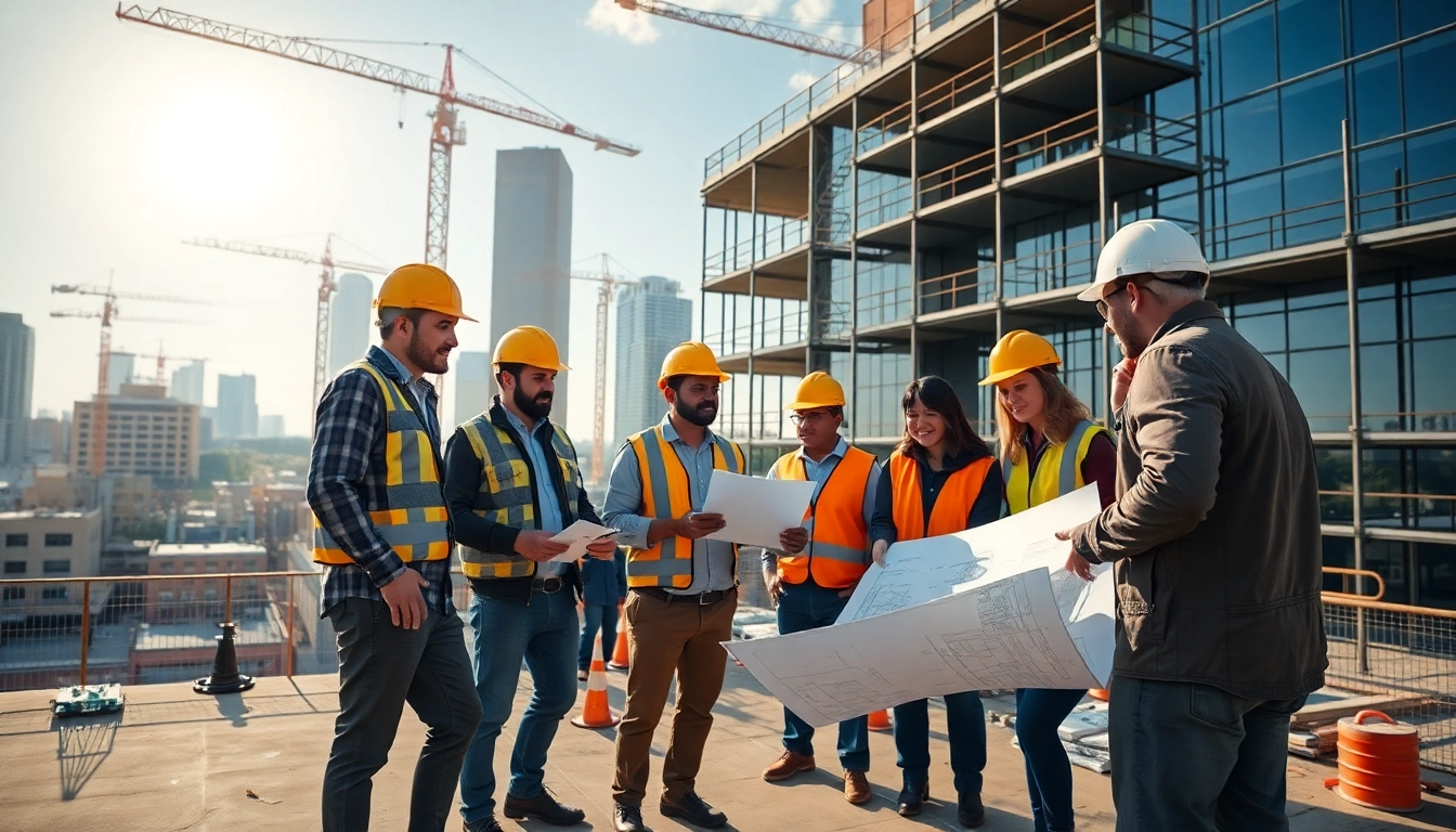 Austin construction site showcasing teamwork with diverse workers and modern architecture.