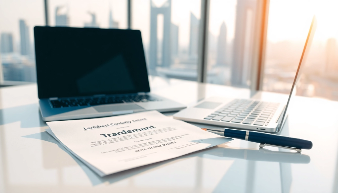 Trademark registration in dubai consultation documents and laptop on a professional desk