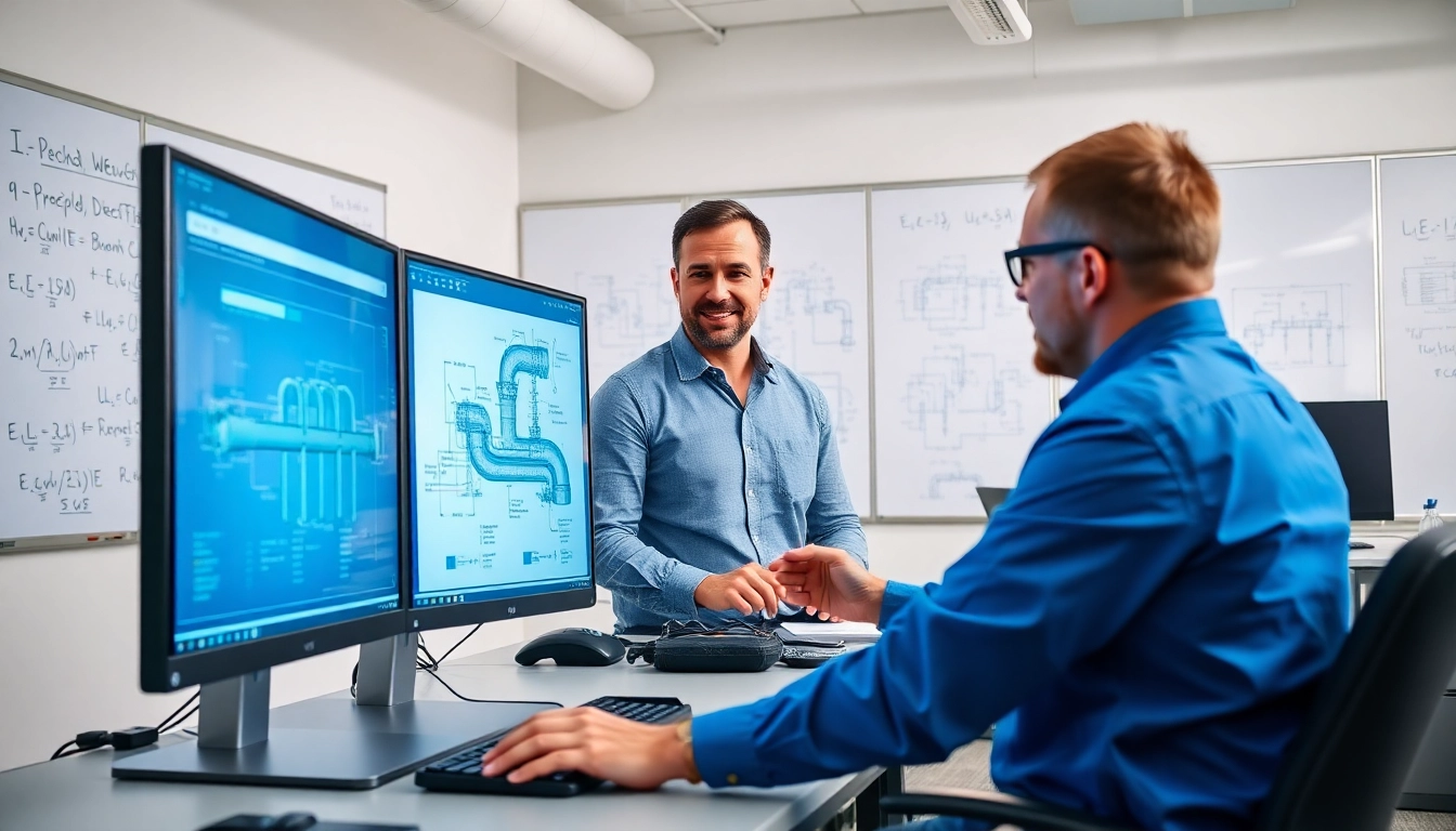 Piping stress Analysis Company engineers examining technical diagrams in a modern workspace.