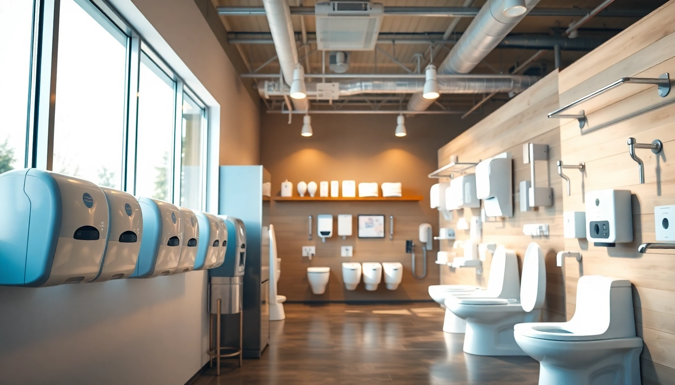 Explore a variety of Commercial Restroom Supplies including modern dispensers and hand dryers in a showroom.